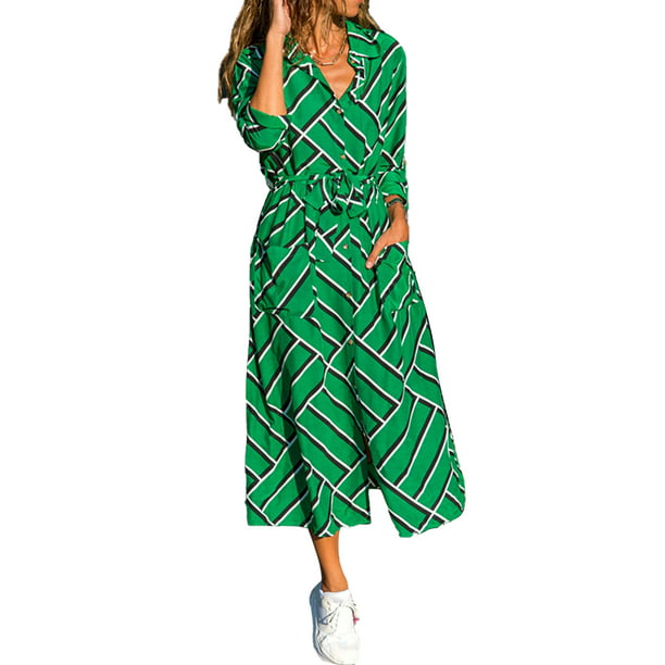 Mini Dress Womens Long Sleeve Lapel Embroidery Striped Blouse Loose Casual Shirt